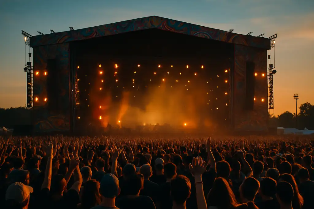 Tłum ludzi na festiwalu muzycznym podczas zachodu słońca przed dużą sceną koncertową – Pol’and’Rock Festival 2025, transmisja online