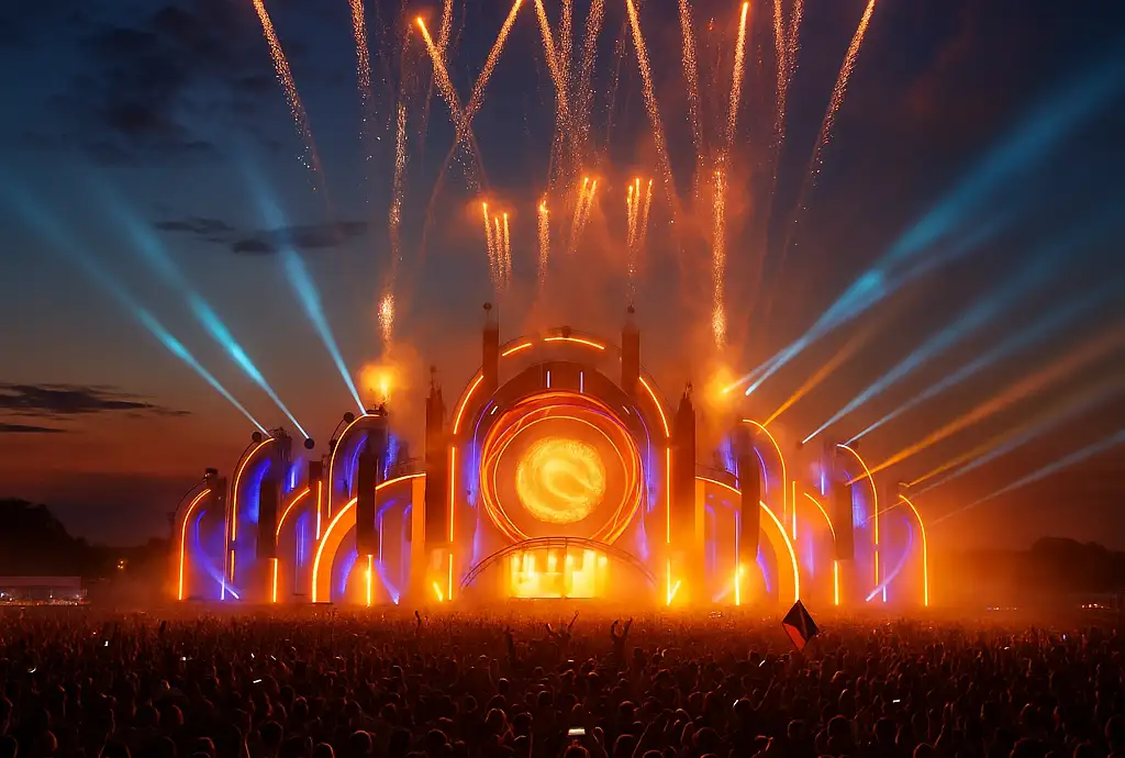 Muzyczny festiwal o zachodzie słońca – scena z iluminacją świetlną, pokaz fajerwerków i tłum uczestników bawiących się podczas koncertu na świeżym powietrzu.