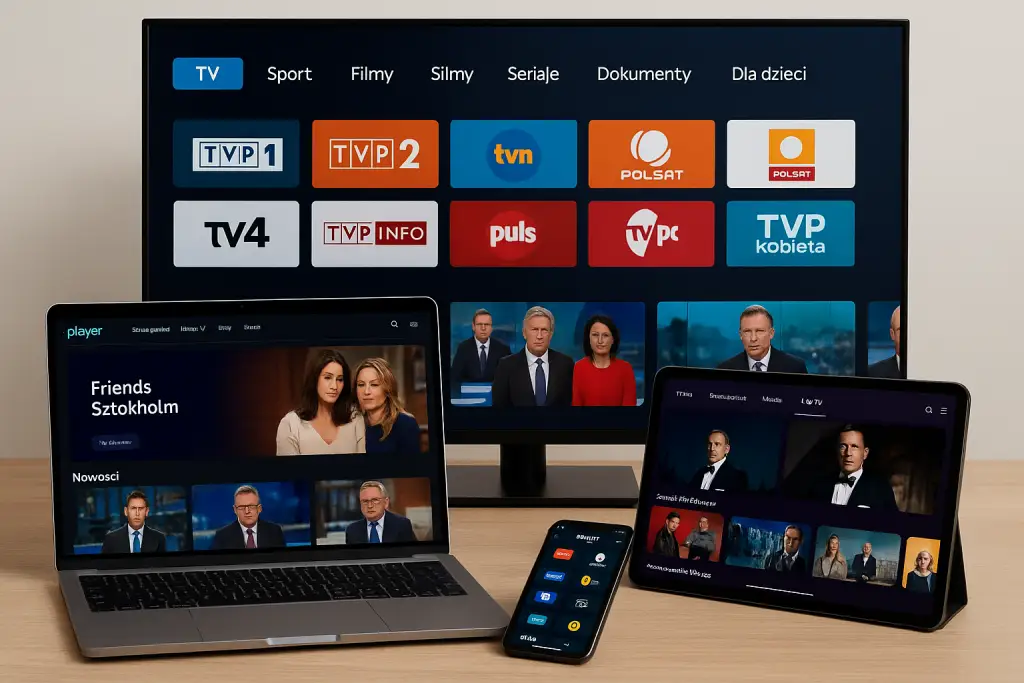 Telewizor, laptop, tablet i smartfon z uruchomionymi polskimi platformami telewizji internetowej – WP Pilot, Player, Polsat Box Go, Canal+ Online i inne