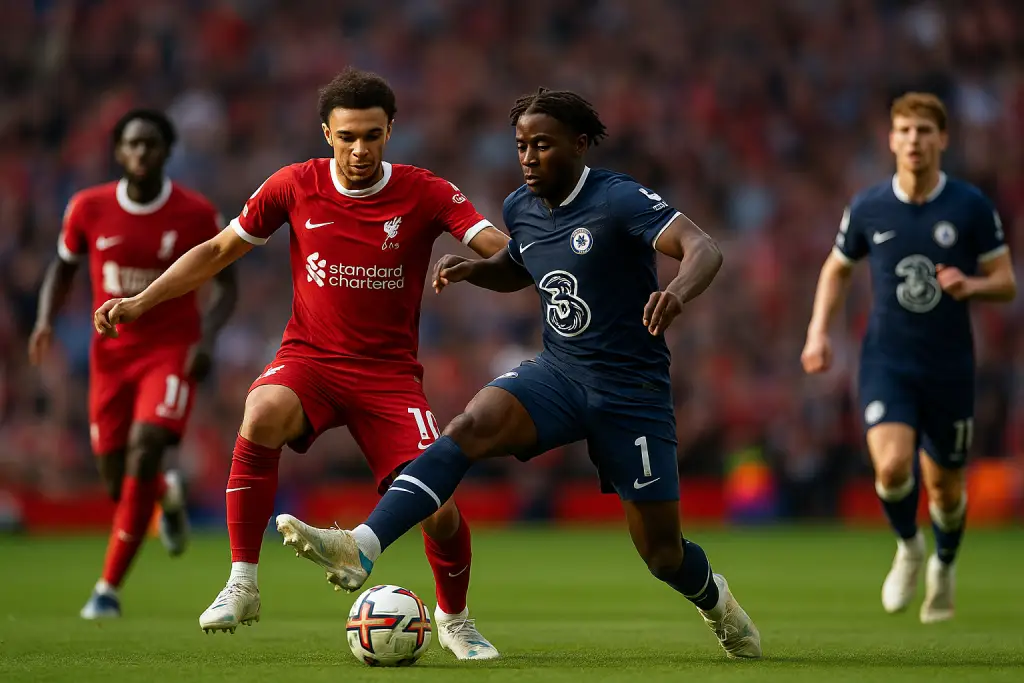 Zawodnicy walczący o piłkę w meczu inspirowanym Premier League na tle pełnego stadionu