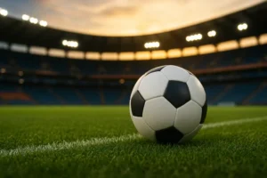 Piłka nożna na murawie stadionu o zachodzie słońca – widok z perspektywy boiska