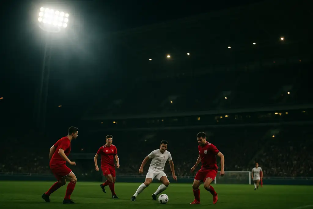 Piłkarze rywalizujący na oświetlonym stadionie podczas nocnego meczu ligowego