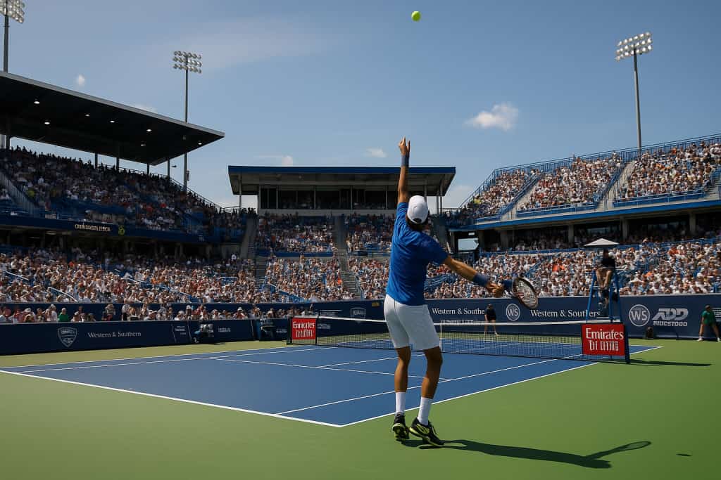 Zawodnik serwuje piłkę podczas finału turnieju tenisowego ATP Cincinnati 2025 na korcie twardym, przy pełnych trybunach.