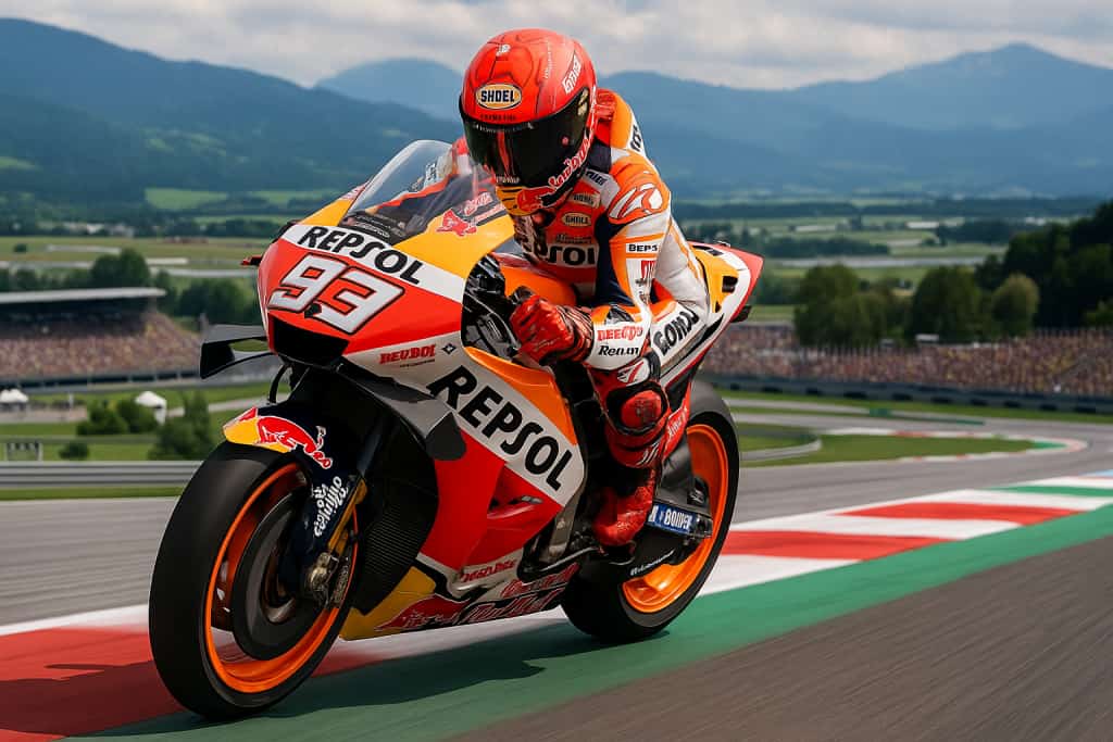 Zawodnik MotoGP na motocyklu Repsol Honda pokonuje zakręt na torze Red Bull Ring podczas Grand Prix Austrii 2025.