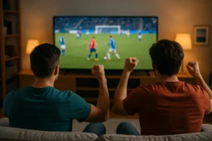 Dwóch kibiców oglądających transmisję meczu Znicz Pruszków – Wisła Kraków na telewizorze w salonie