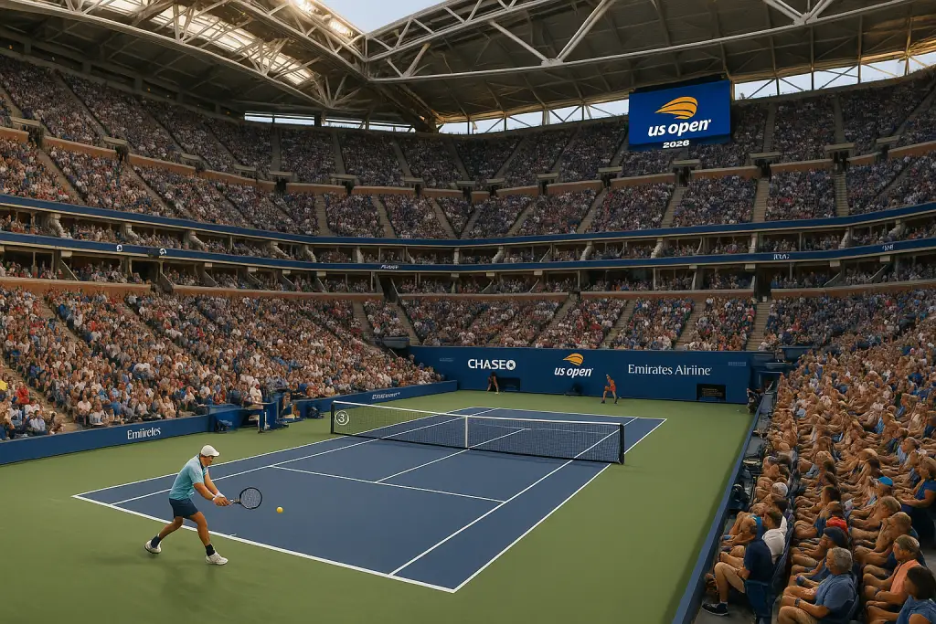 Panoramiczny widok na mecz tenisowy podczas US Open 2025 na Arthur Ashe Stadium, z pełnymi trybunami i dynamiczną akcją na korcie