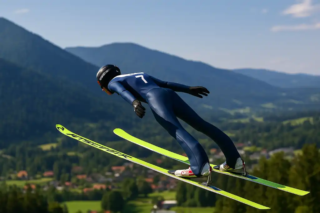 Skoczek narciarski w locie na tle gór podczas Letniego Grand Prix 2025