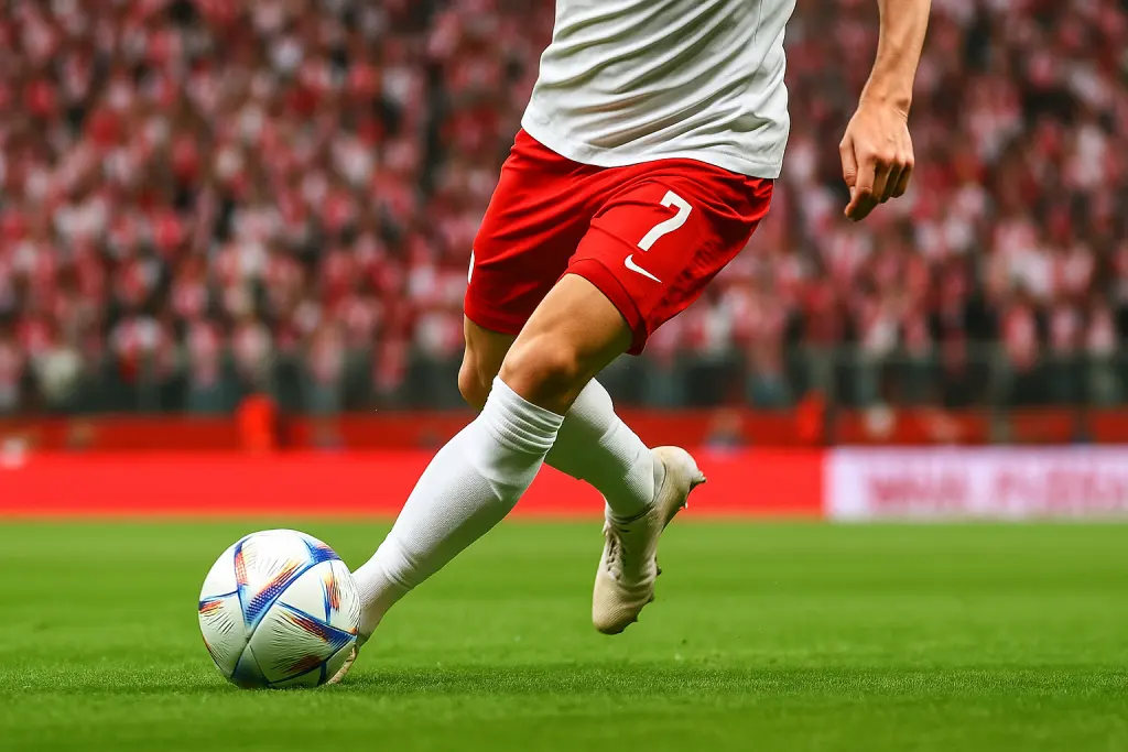 Zbliżenie na nogi piłkarza reprezentacji Polski i piłkę podczas meczu eliminacji Mistrzostw Świata