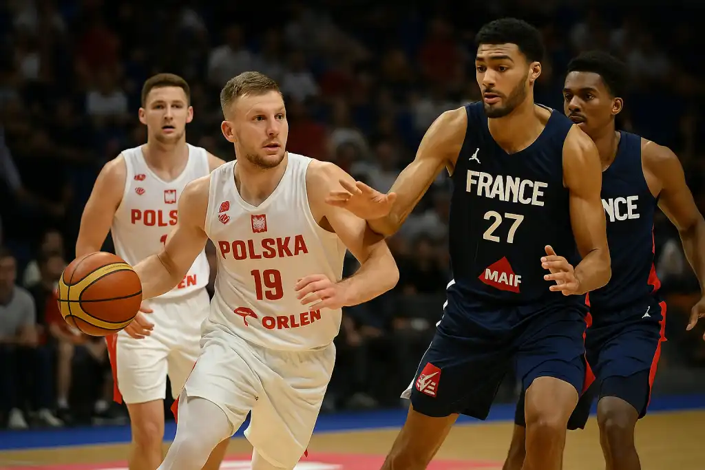 EuroBasket 2025 – mecz Polska vs Francja, zawodnik reprezentacji Polski z piłką atakuje kosz