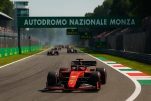 Czerwony bolid Ferrari prowadzi stawkę podczas GP Włoch F1 2025 na torze Monza
