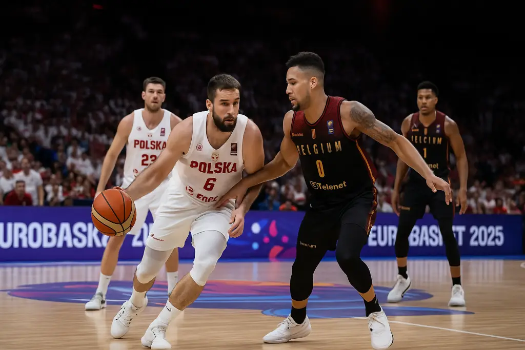Polska – Belgia EuroBasket 2025, akcja meczu koszykówki w Spodku w Katowicach