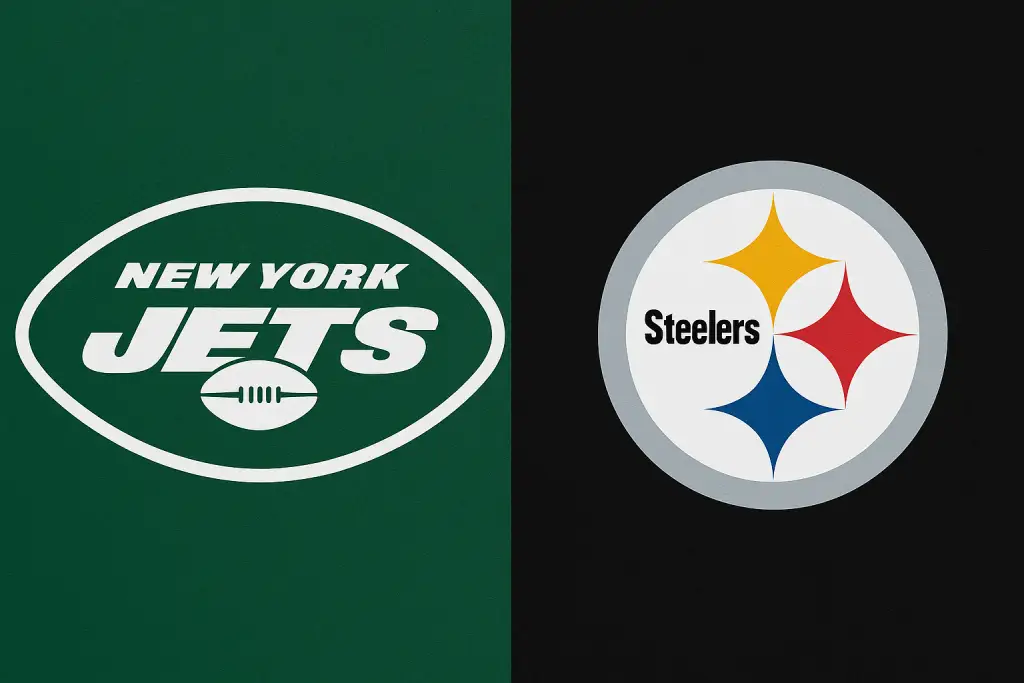 Logo New York Jets i Pittsburgh Steelers na podzielonym tle – zapowiedź meczu NFL 7 września 2025