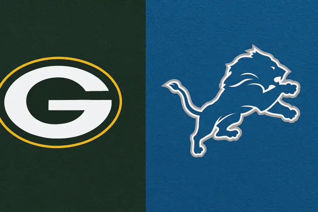 Logo Green Bay Packers i Detroit Lions na tle klubowych barw – mecz NFL 7 września 2025