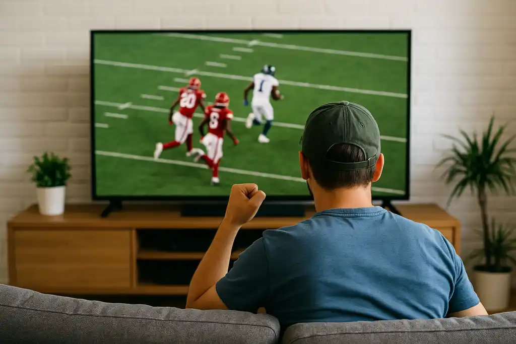 Kibic oglądający mecz NFL na telewizorze w domowym salonie