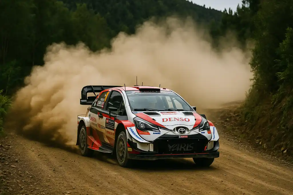 Samochód rajdowy Toyota Yaris WRC na trasie Rajdu Chile 2025, dynamiczny przejazd po szutrowej drodze