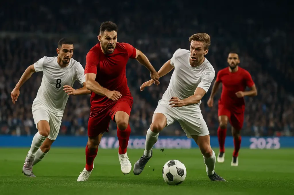 Piłkarze w dynamicznej walce o piłkę podczas meczu Ligi Konferencji UEFA 2025 na tle pełnego stadionu, bez widocznych logotypów