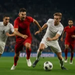 Piłkarze w dynamicznej walce o piłkę podczas meczu Ligi Konferencji UEFA 2025 na tle pełnego stadionu, bez widocznych logotypów