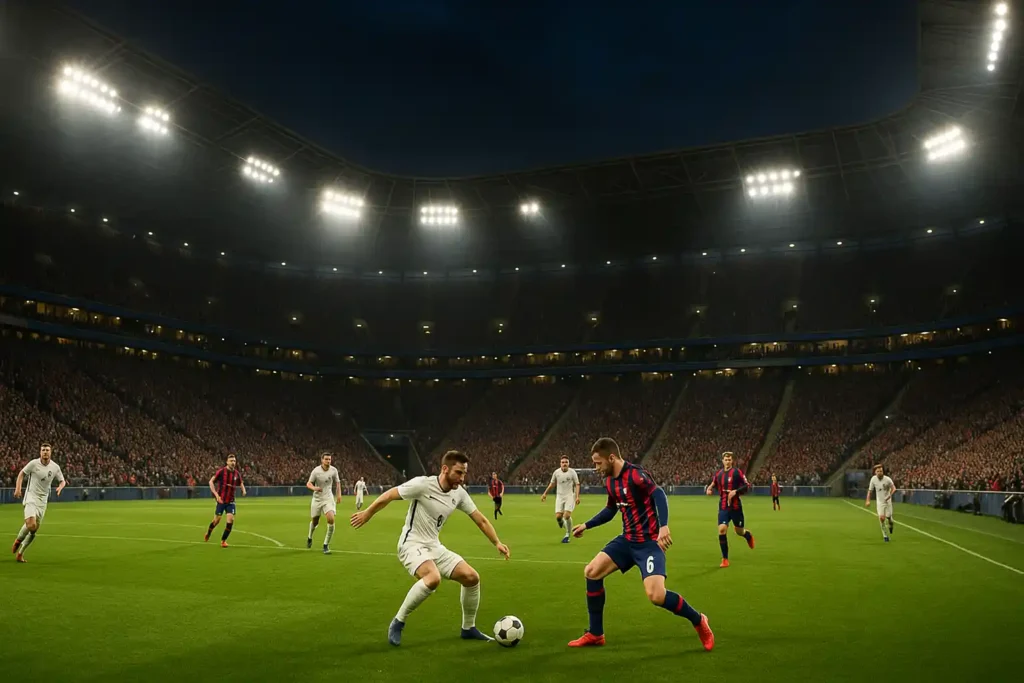 Stadion piłkarski podczas meczu Pucharu Polski 2025, zawodnicy walczą o piłkę.