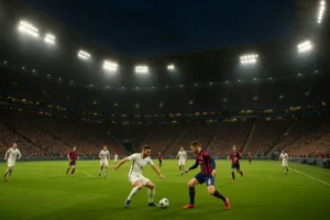Stadion piłkarski podczas meczu Pucharu Polski 2025, zawodnicy walczą o piłkę.