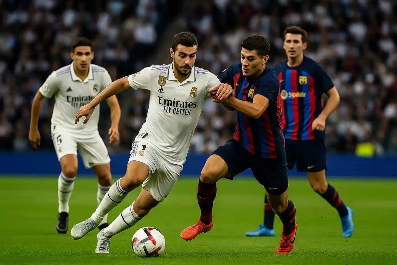 Piłkarze Realu Madryt i FC Barcelony walczą o piłkę podczas meczu El Clásico 2025 na Santiago Bernabéu.