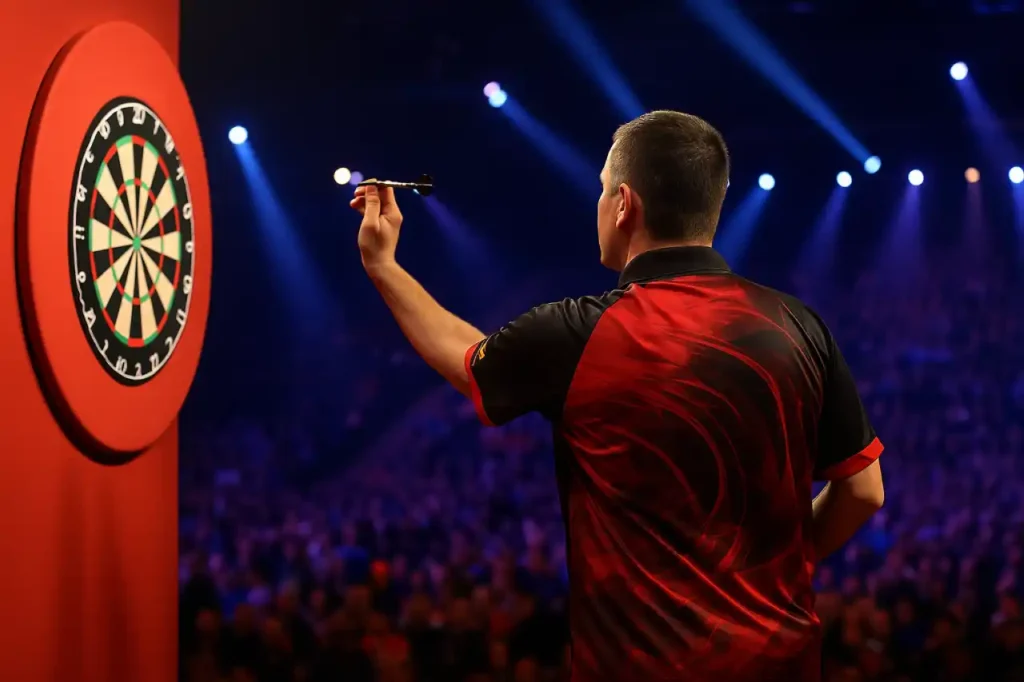 Zawodnik grający w darta podczas turnieju PDC World Grand Prix 2025 w Leicester, w trakcie rzutu w podświetloną tarczę na arenie pełnej kibiców.