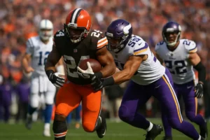 Zawodnik Cleveland Browns z piłką w starciu z obrońcą Minnesota Vikings podczas meczu NFL 2025 na stadionie pełnym kibiców.