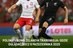 Zawodnicy reprezentacji Polski i Nowej Zelandii w dynamicznej akcji podczas meczu towarzyskiego na Stadionie Śląskim w Chorzowie, październik 2025.