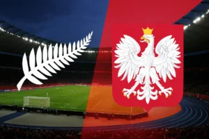 Piłkarskie spotkanie Polska – Nowa Zelandia 2025 na Stadionie Śląskim w Chorzowie, tło z flagami i symbolem orła białego oraz srebrnej paproci.