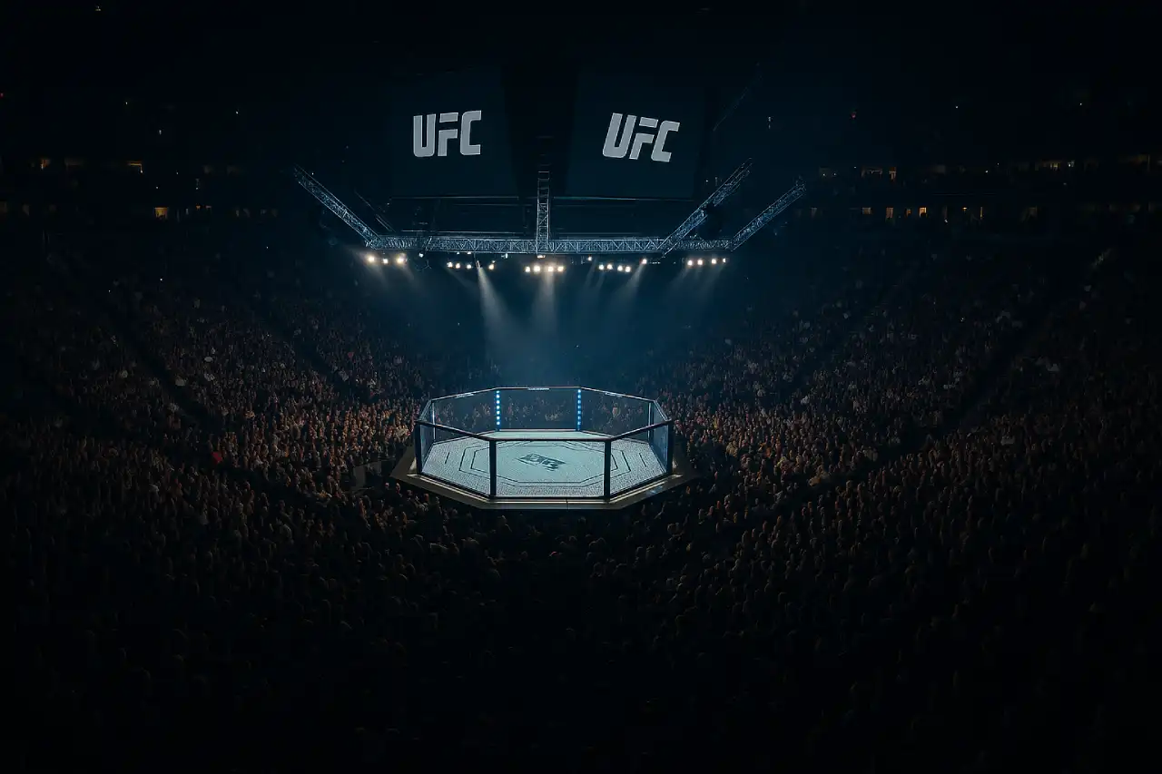 Oktagon UFC podczas gali w pełnej arenie – widok z trybun