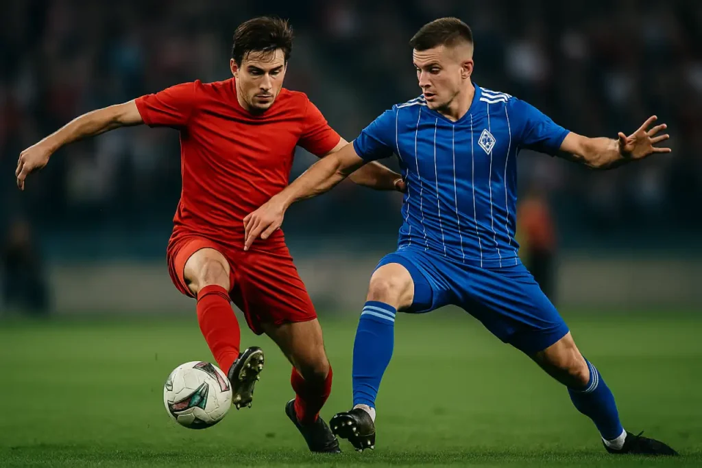Piłkarze Wisły Kraków i Ruchu Chorzów walczą o piłkę podczas meczu Betclic 1. Ligi