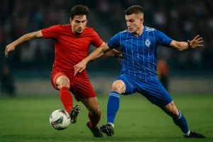 Piłkarze Wisły Kraków i Ruchu Chorzów walczą o piłkę podczas meczu Betclic 1. Ligi