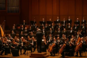 Koncert „Symfonia Powstańcza” Ignacego Jana Paderewskiego 2025 – orkiestra symfoniczna podczas występu w Filharmonii Narodowej, transmisja w TVP Kultura i TVP VOD