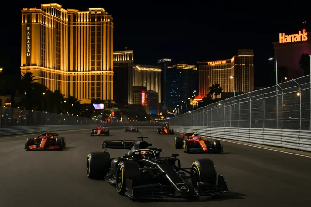 Nocny wyścig Formuły 1 podczas Grand Prix Las Vegas 2025 na oświetlonych ulicach miasta
