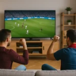 Dwóch kibiców ogląda mecz Ligi Mistrzów UEFA w telewizji w nowoczesnym salonie