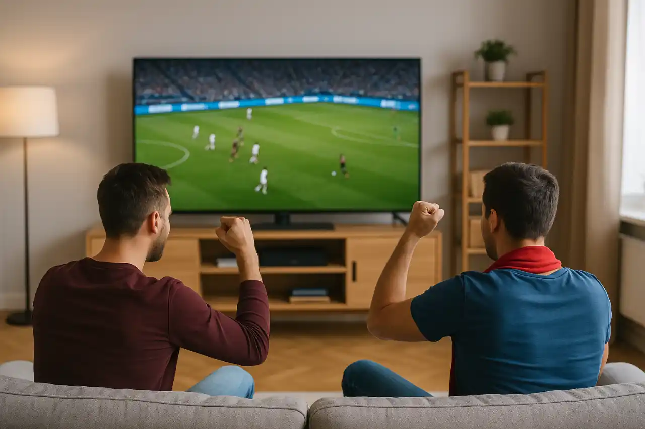 Dwóch kibiców ogląda mecz Ligi Mistrzów UEFA w telewizji w nowoczesnym salonie