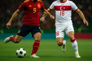 Dwóch piłkarzy Hiszpanii i Turcji walczących o piłkę podczas meczu eliminacji MŚ 2026, ujęcie od ramion w dół.