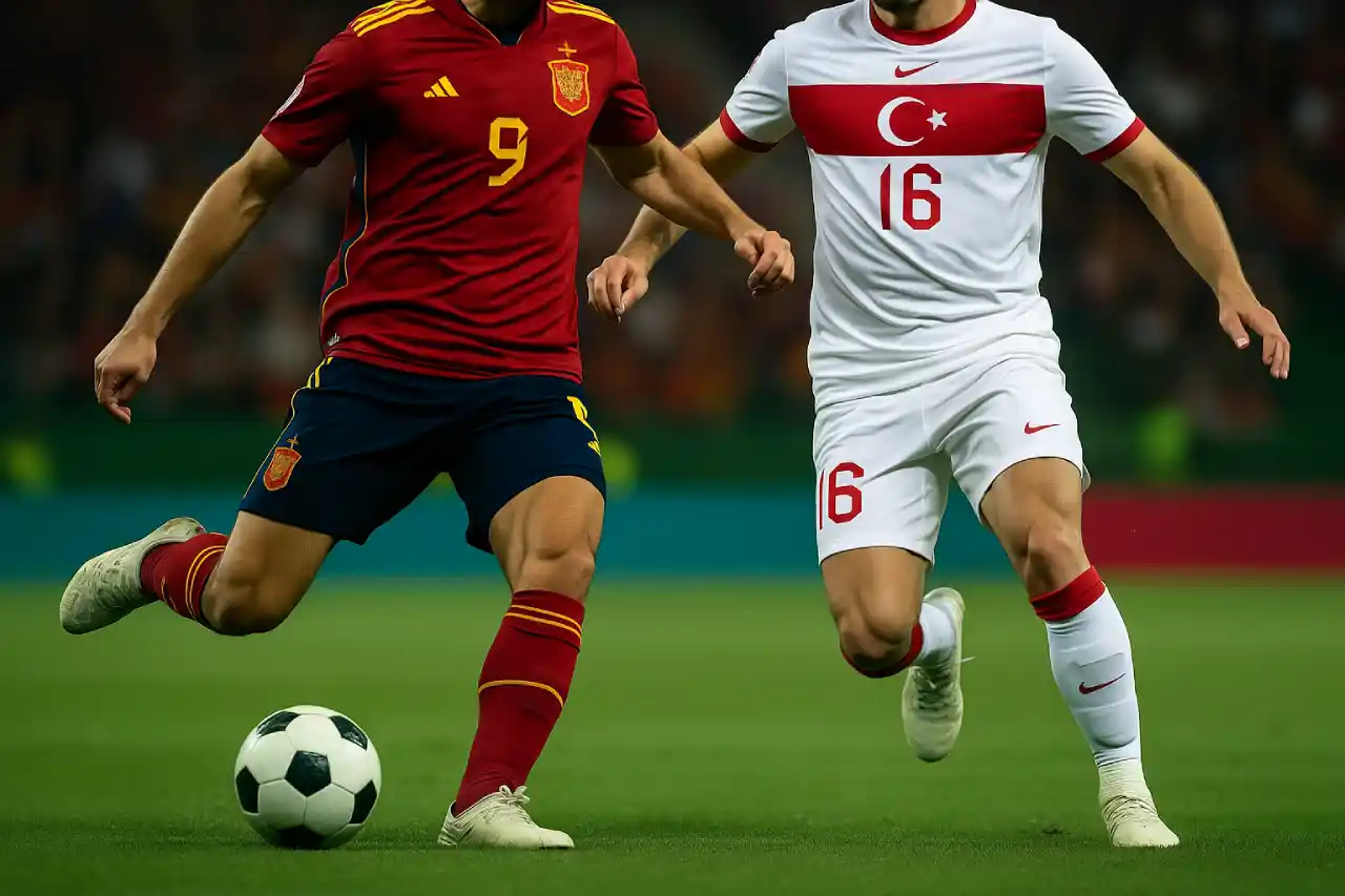 Dwóch piłkarzy Hiszpanii i Turcji walczących o piłkę podczas meczu eliminacji MŚ 2026, ujęcie od ramion w dół.