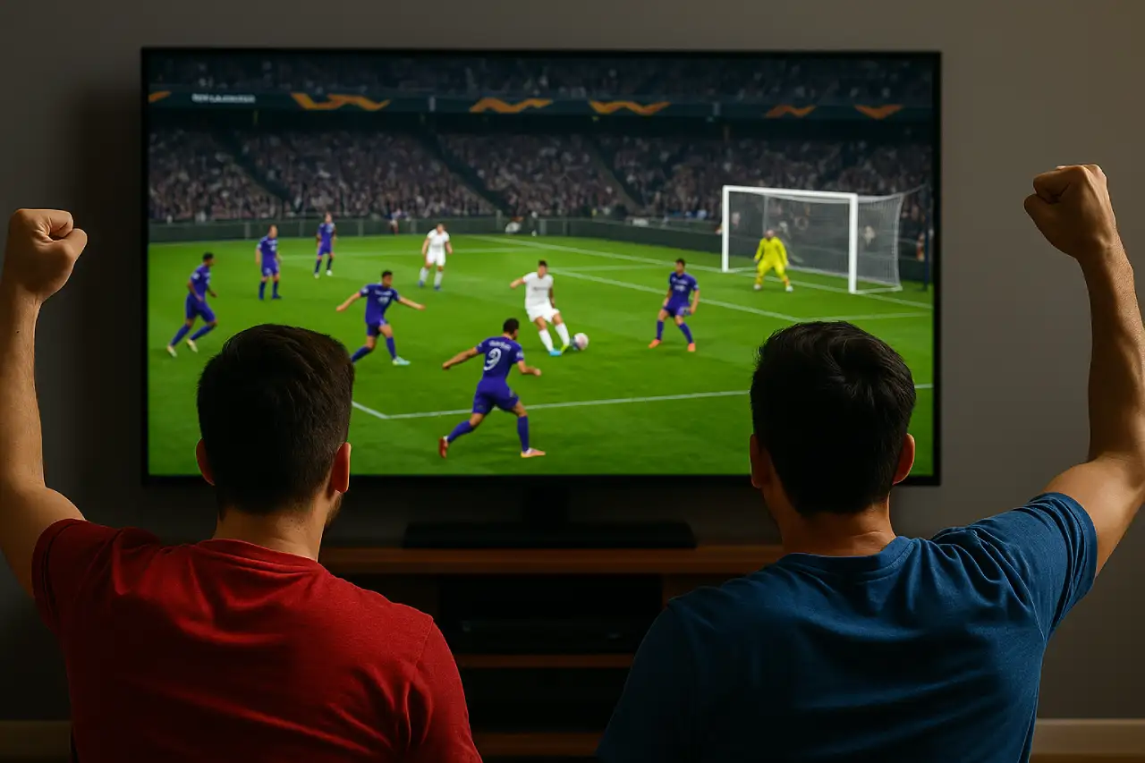 Dwóch kibiców ogląda mecz piłkarski na dużym telewizorze w salonie.