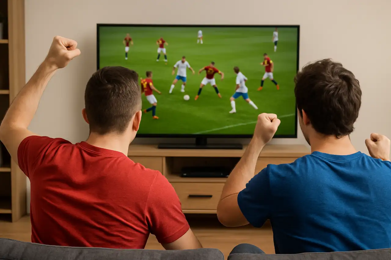 Dwóch kibiców ogląda transmisję meczu piłkarskiego w telewizji podczas wieczoru Ligi Mistrzów 25–26 listopada 2025.