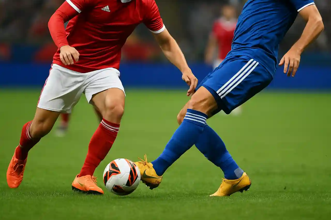 Dynamiczne starcie piłkarzy podczas meczu w Lidze Konferencji UEFA – walka o piłkę w środku pola