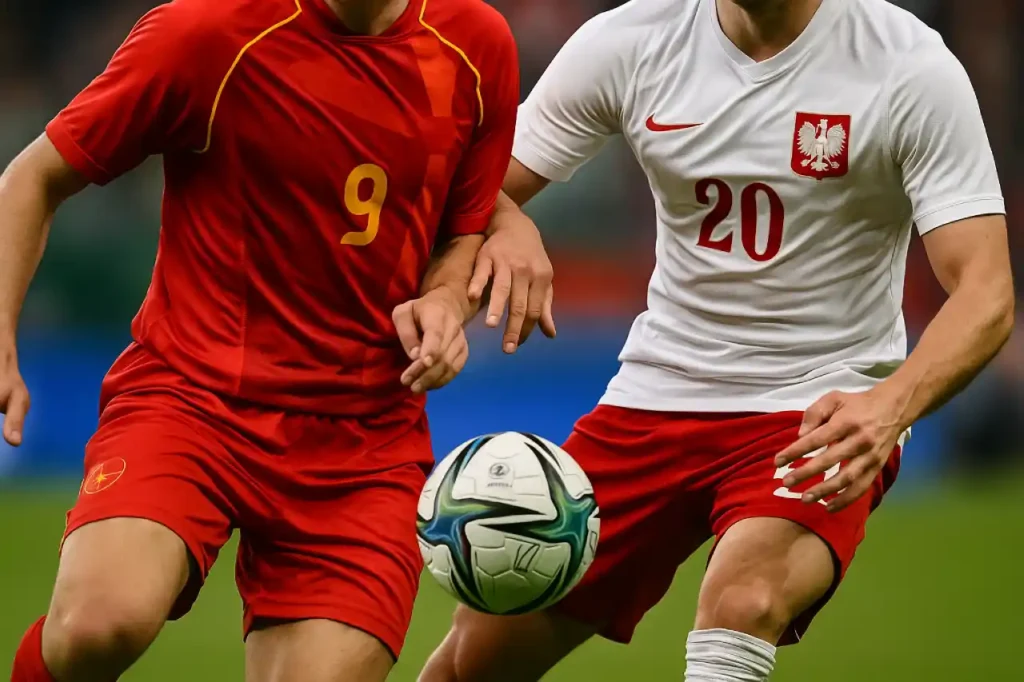 Dynamiczne zbliżenie akcji meczu Macedonia Północna U21 – Polska U21 podczas walki o piłkę.