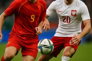 Dynamiczne zbliżenie akcji meczu Macedonia Północna U21 – Polska U21 podczas walki o piłkę.