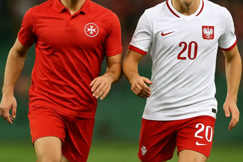 Zawodnicy Malty i Polski w akcji podczas meczu piłkarskiego eliminacji MŚ 2026