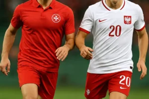 Zawodnicy Malty i Polski w akcji podczas meczu piłkarskiego eliminacji MŚ 2026