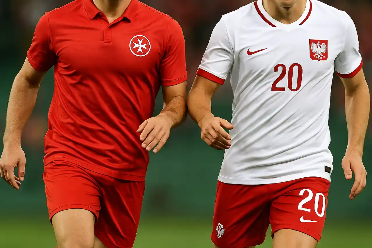 Zawodnicy Malty i Polski w akcji podczas meczu piłkarskiego eliminacji MŚ 2026