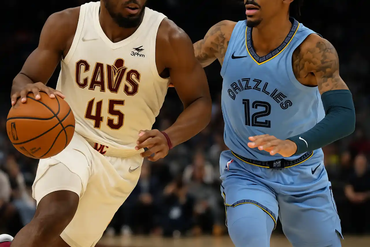 Zbliżenie na akcję meczu NBA Cavaliers vs Grizzlies – zawodnik Cleveland z piłką atakowany przez obrońcę Memphis.
