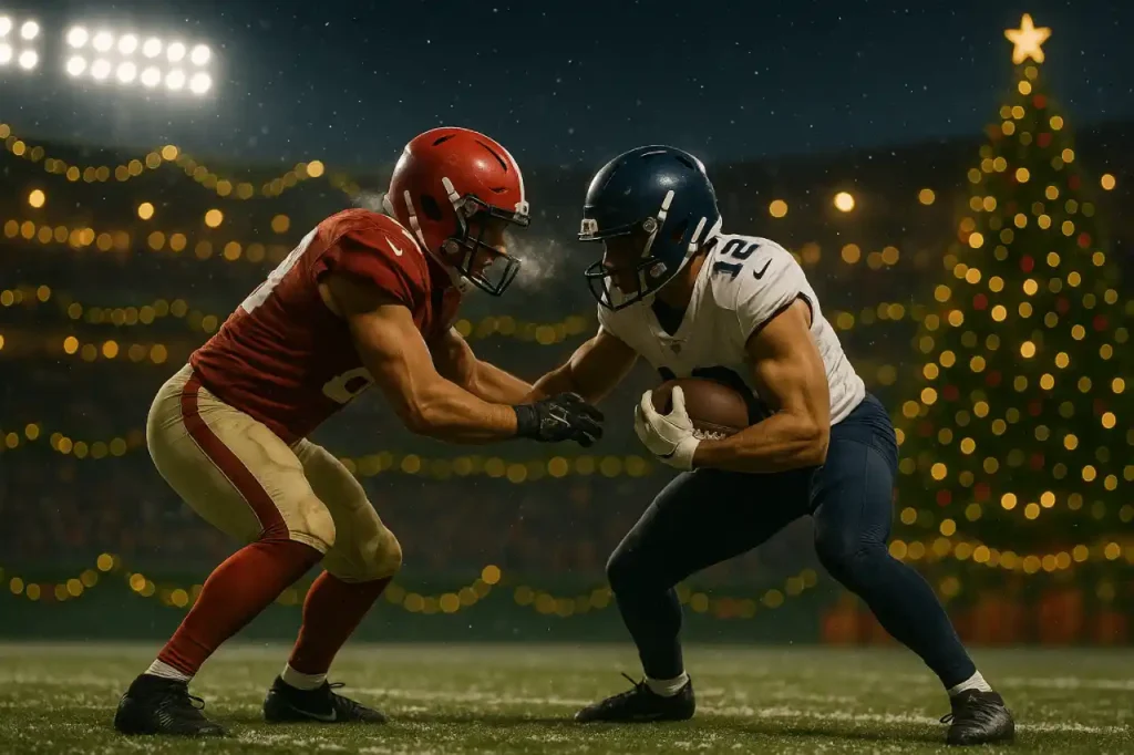 Dynamiczna akcja na śnieżnym boisku NFL w świątecznej scenerii – dwóch zawodników walczy o piłkę podczas Christmas Gameday 2025.
