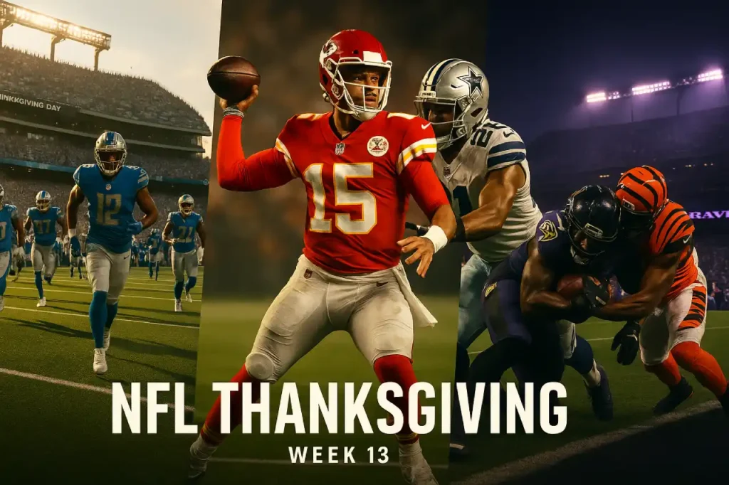 kolaż z trzech meczów NFL Thanksgiving 2025: Detroit Lions, Kansas City Chiefs vs Dallas Cowboys oraz Baltimore Ravens vs Cincinnati Bengals.