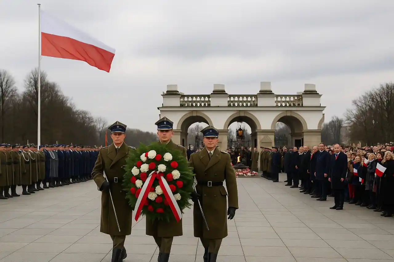 Żołnierze Wojska Polskiego składają wieniec pod Grobem Nieznanego Żołnierza podczas obchodów Narodowego Święta Niepodległości 11 listopada 2025 w Warszawie.