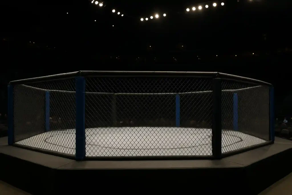 Oktagon FAME MMA przygotowany do gali — oświetlona arena i pełna widownia tworzą atmosferę dużego wydarzenia.